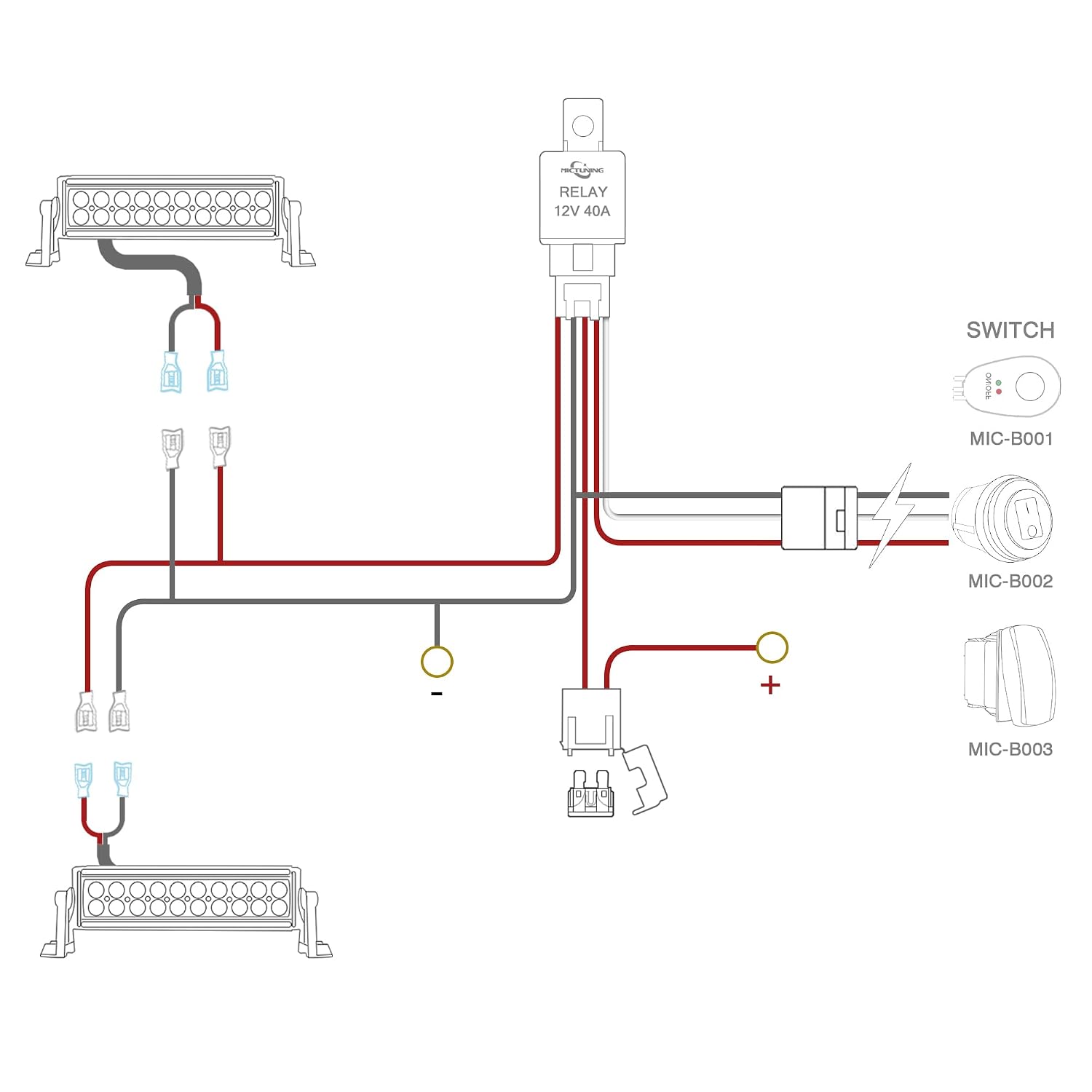 LED Light Bar Wiring Harness Off Road Power 40A Relay Fuse ON-Off Switch (2 Lead)