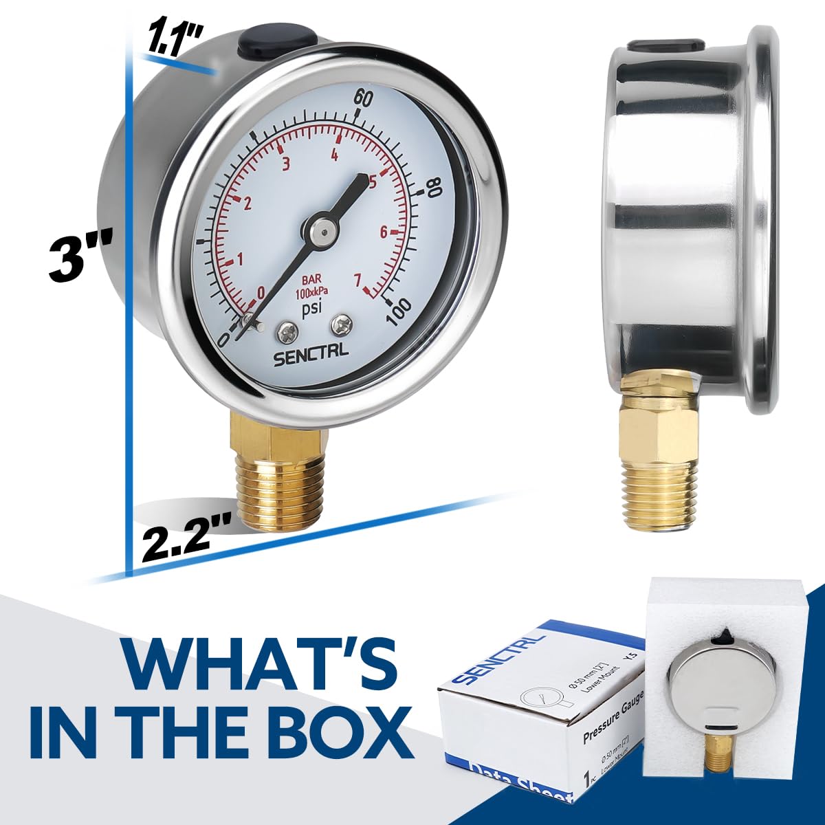 SENCTRL 0-100 Psi Pressure Gauge, 1/4" NPT Lower Mount