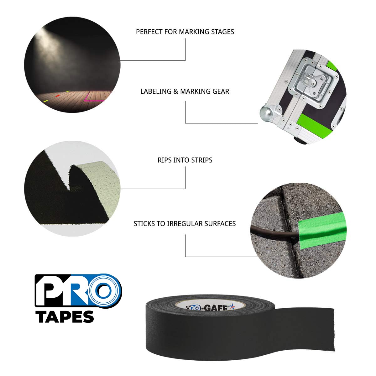 Tapes Pro Gaff Premium Matte Cloth Gaffer's Tape with Rubber Adhesive, 11 mils Thick, 55 yds Length, 3" Width, Black