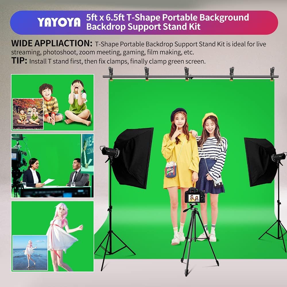 Green Screen Backdrop Stand Kit, 5x6.5FT Portable Greenscreen | Adjustable, carrying bag & 5 clamps, chromakey