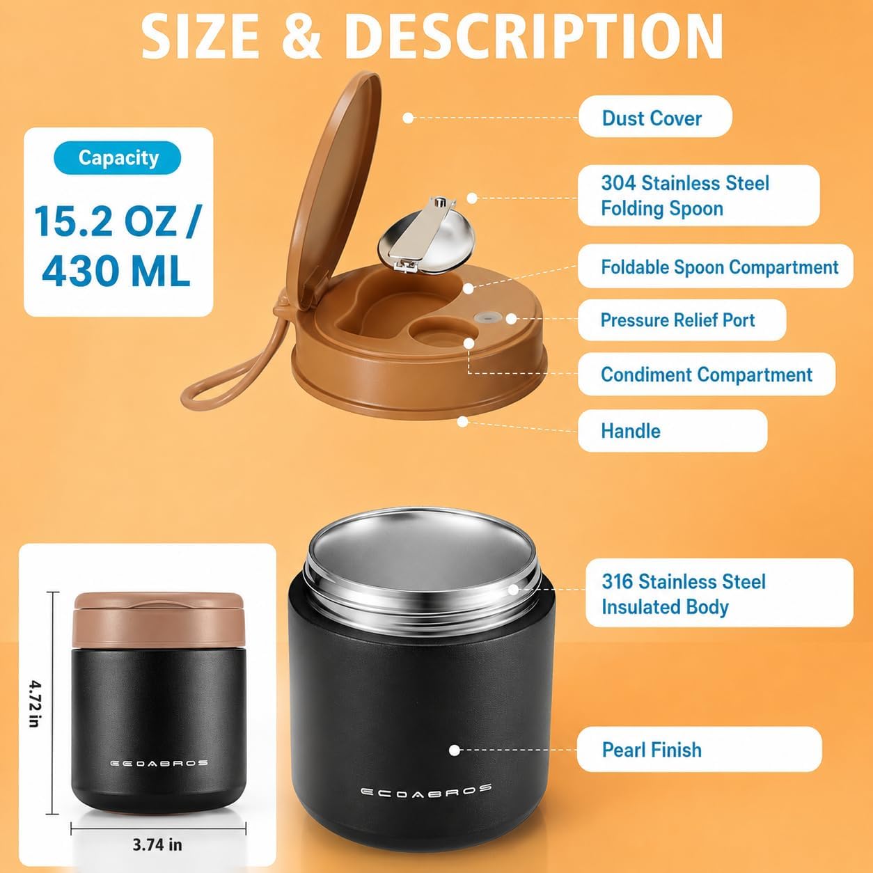 Kids Thermo Food Jar for Hot Food, 15.2 oz Vacuum Insulated Hot & Cold Lunch Container with 316 Stainless Steel