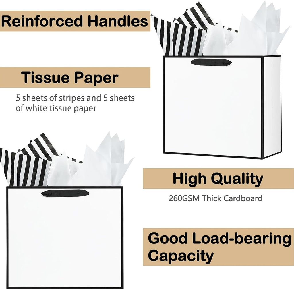 12Pcs White Gift Bags with Tissue Assorted Paper Bag S/M/L