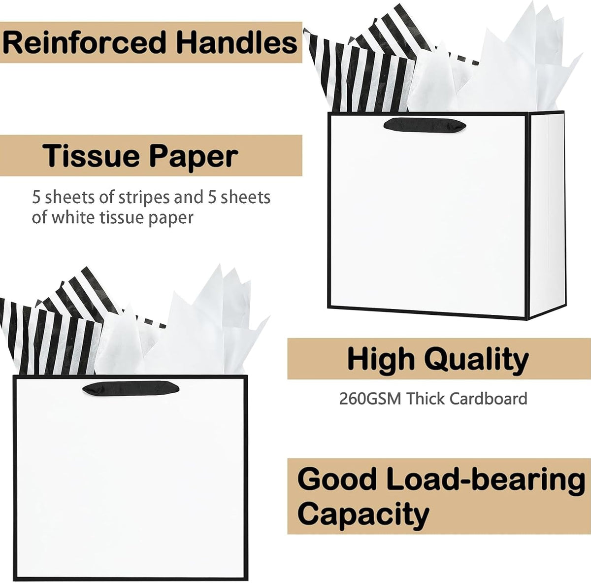 12Pcs White Gift Bags with Tissue Assorted Paper Bag S/M/L
