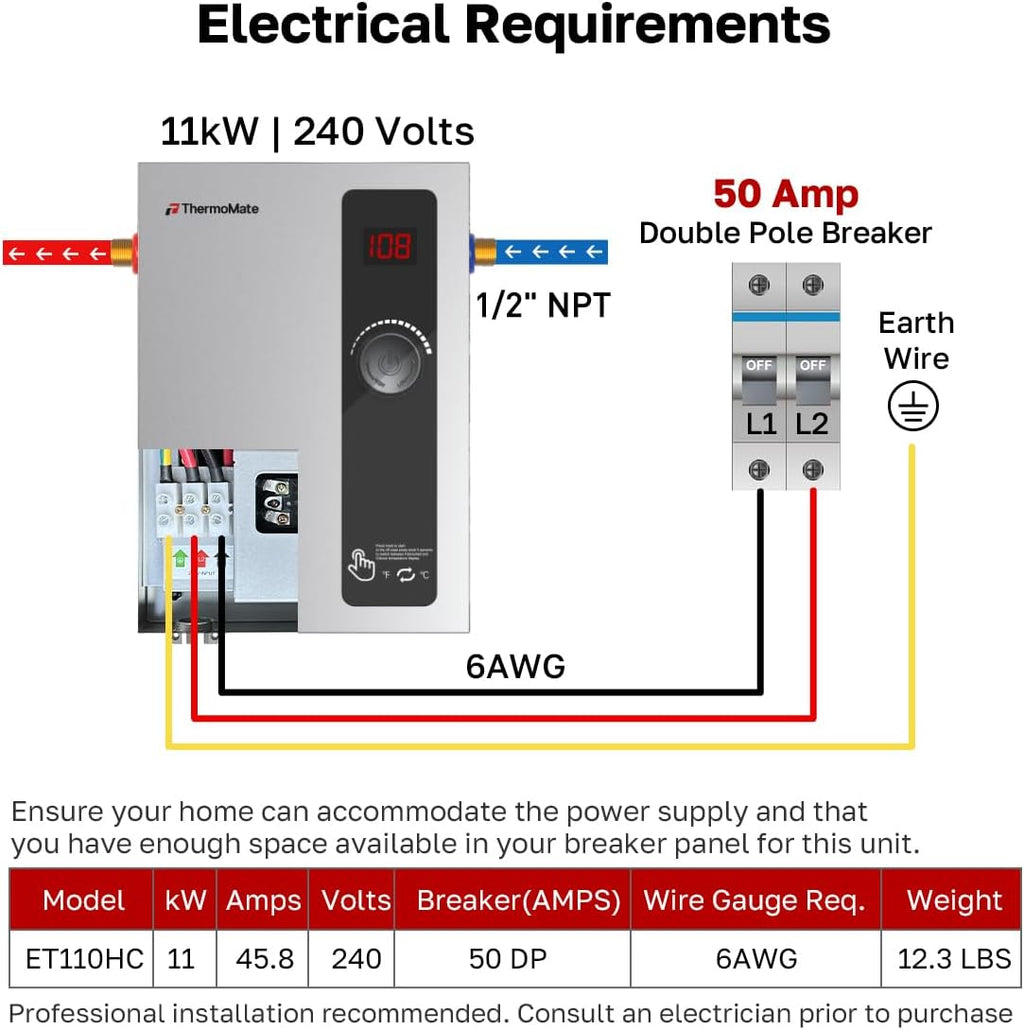 Tankless Water Heater Electric, 11kW 240 Volt On Demand Instant Hot Water Heater for Point of Use, Self-Modulating