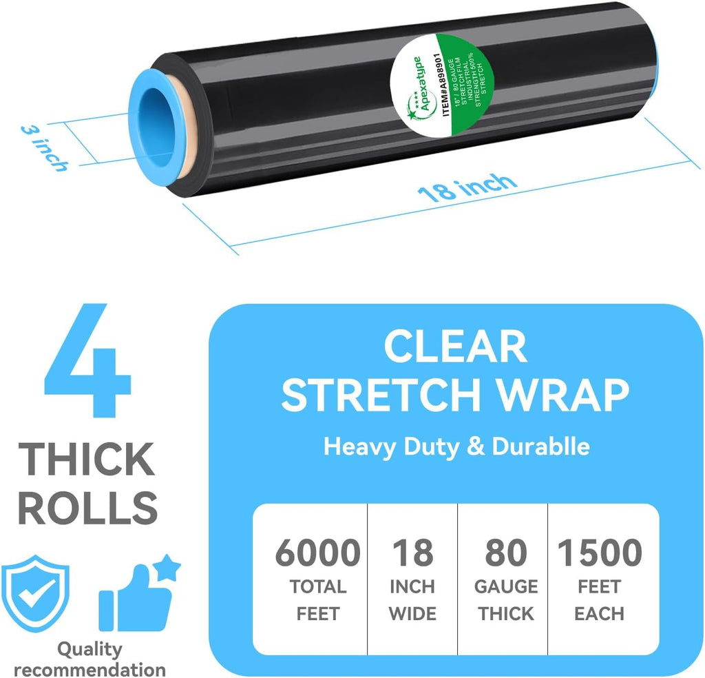 18" Black Plastic Shrink Wrap Roll for Moving, Furniture Wrapping, 1500 Feet, 80 Gauge, 500% Stretch, Industrial