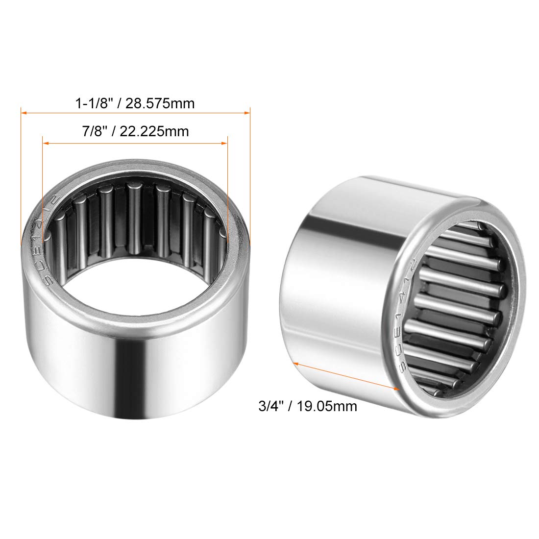 uxcell SCE1412 Needle Roller Bearings, Drawn Cup Open End, 7/8-inch Bore 1-1/8-inch OD 3/4-inch Width 27000N Static Load 16900N Dynamic Load 5pcs