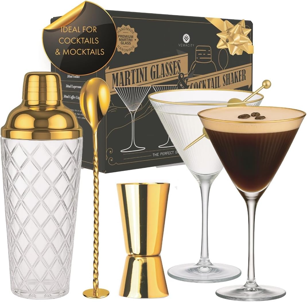 Gold Cocktail Shaker Set + 2 Ribbed Martini Glasses & Bar Tools