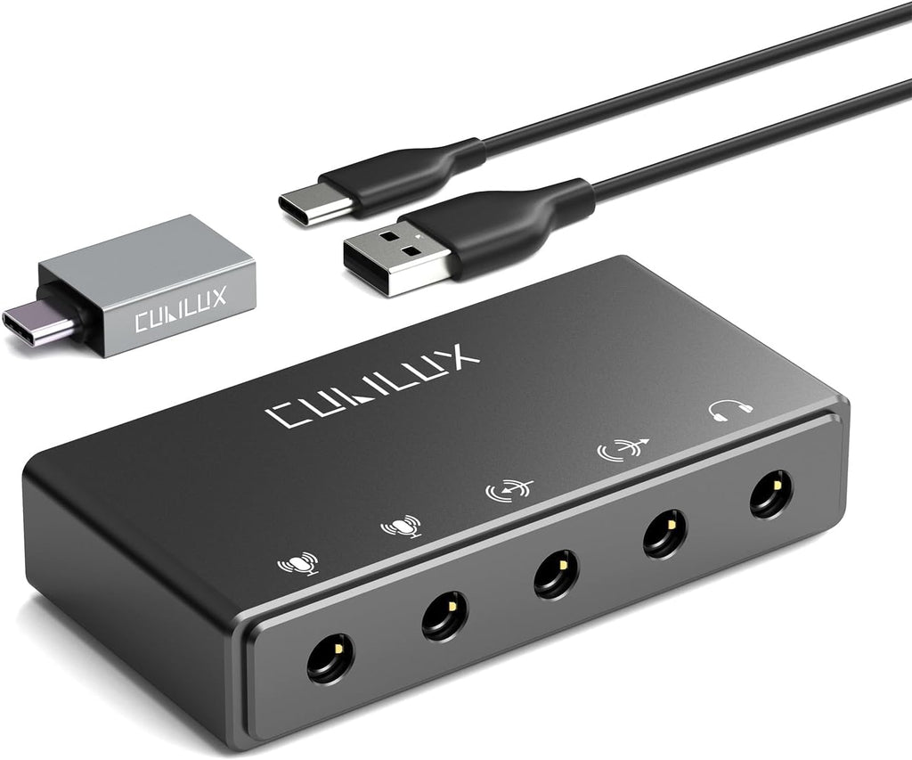 CB5 USB Audio Interface for Recording, Streaming, Podcasting, USB to 3.5mm Sound Card with Stereo Microphone Input