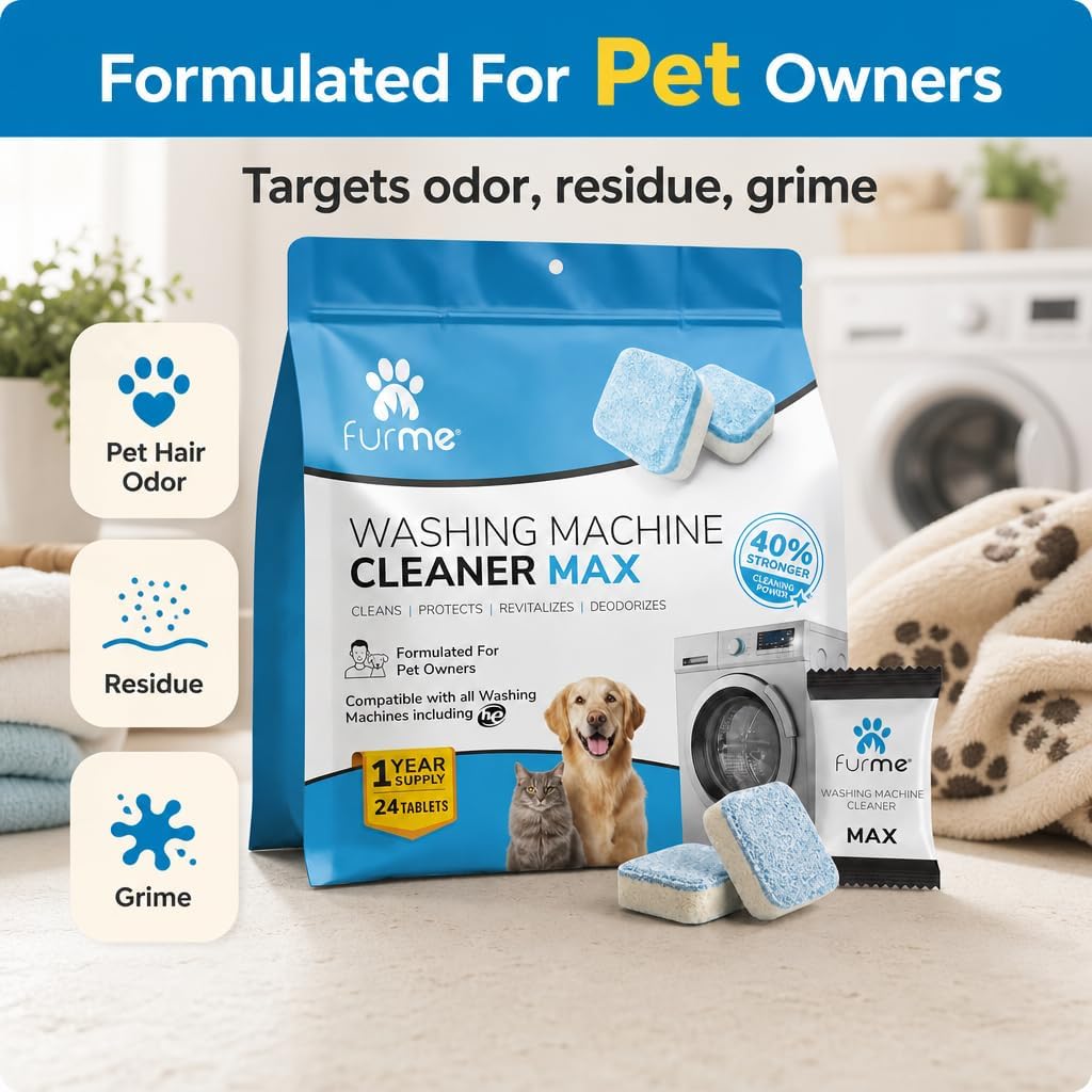 Washing Machine Cleaner MAX Tablets for Pet Owners – 24 Pack Deep Cleaning Descaler for HE Front & Top Load Washers –