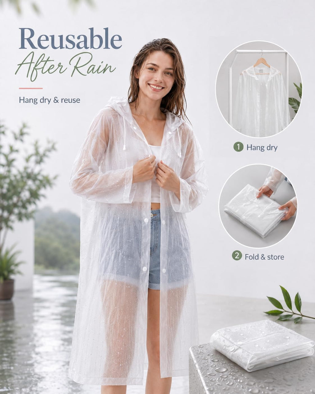 Rain Ponchos for Adults-4 Pack Reusable EVA Waterproof Rain Jackets, White