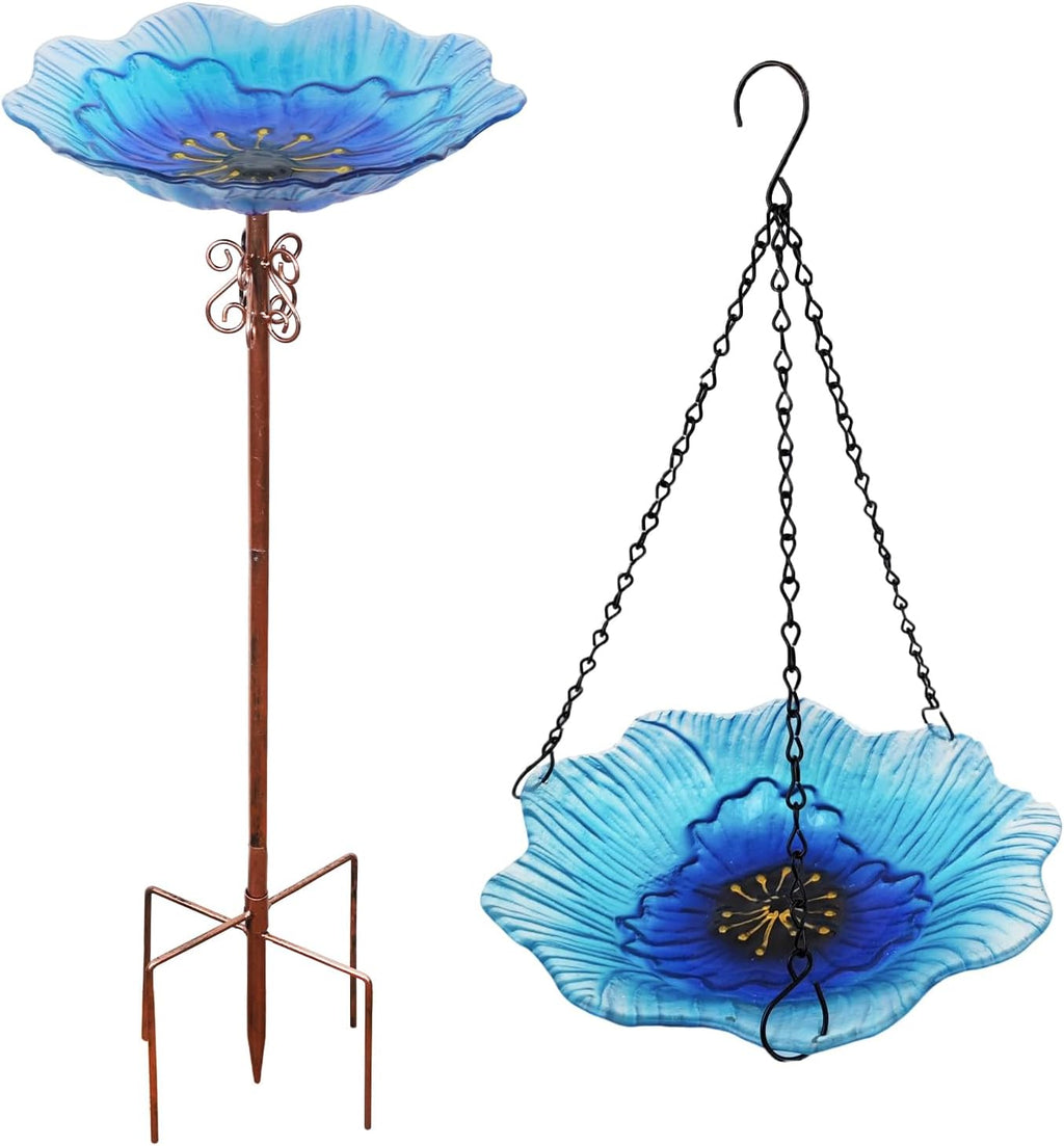 2 in 1 Floral Glass Bird Bath & Feeder - Hanging or Freestanding Outdoor Bird Bath with Sturdy 5-Pronged Base for
