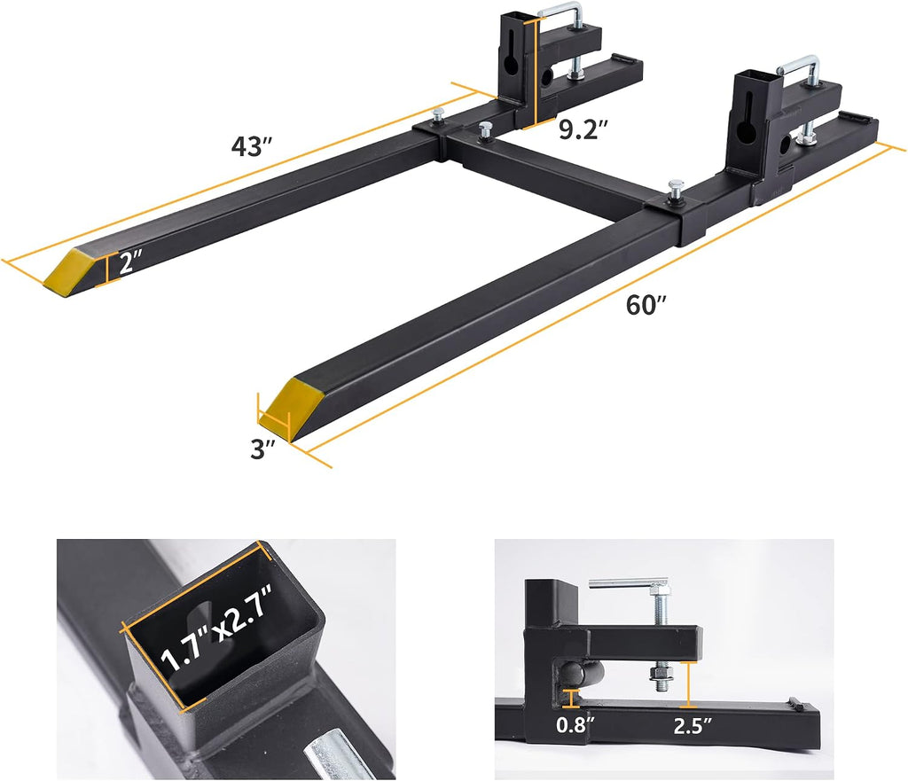 60" 4000 lbs Clamp on Pallet Forks Heavy Duty Bucket Attachment