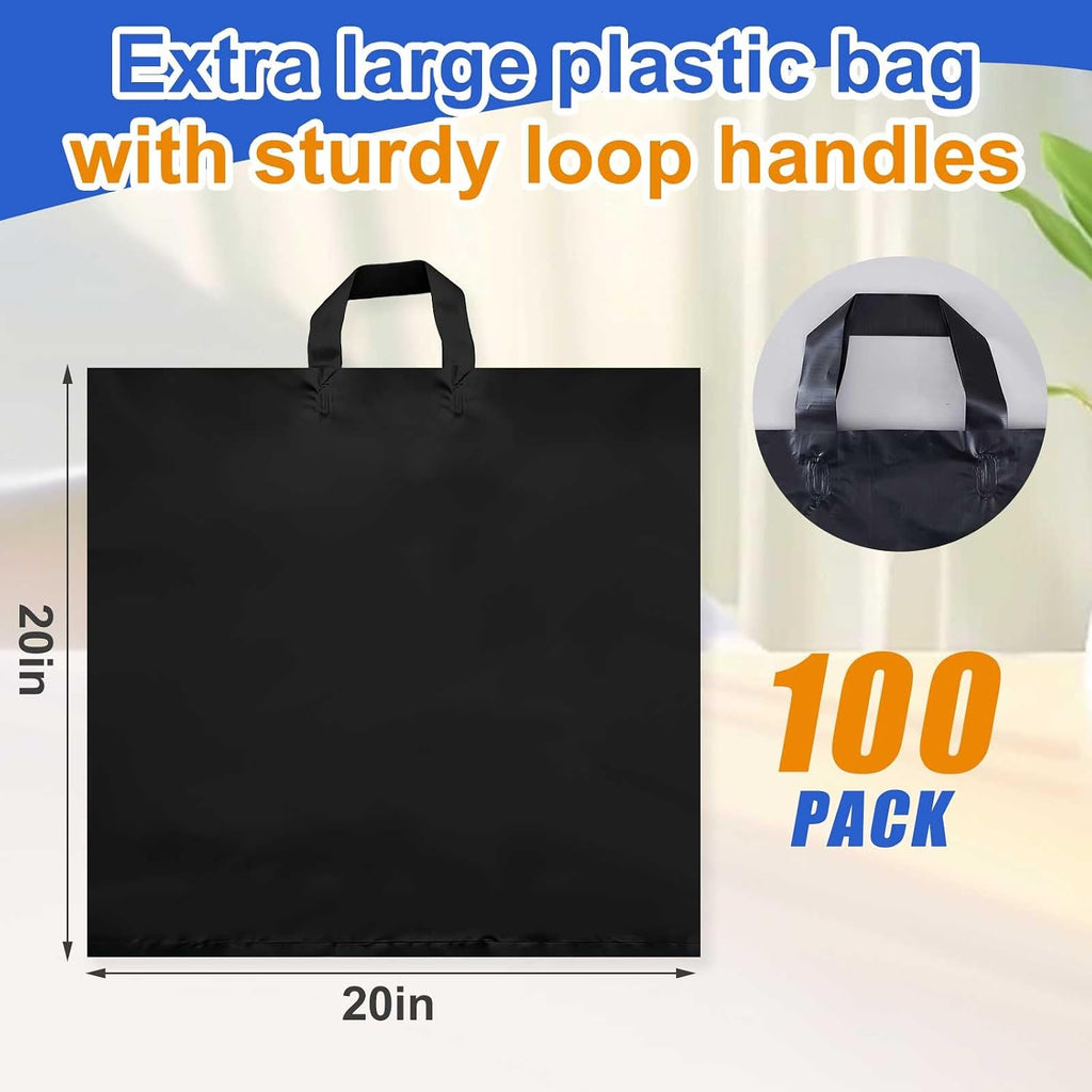 100 Pack 20" x 20" Large Black Plastic Shopping Bags with Handles