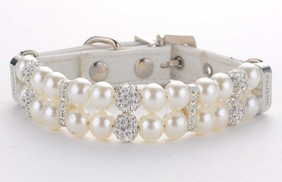 Dog Cat Pearl Collars with Crystal Rhinestone Diamond Décor, Adjustable Cute Fashion Pet PU Leather Collars Necklace