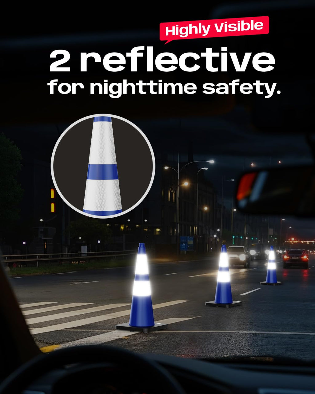 28 inch Traffic Safety Cones Blue with Weighted Base 6 Pack | Heavy duty design, reflective collars, flexible PVC