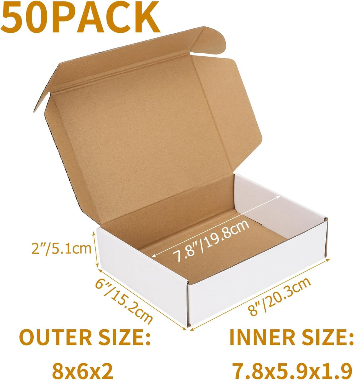 50 Pack 8x6x2 inch Small Shipping Boxes, White Mailing Boxes