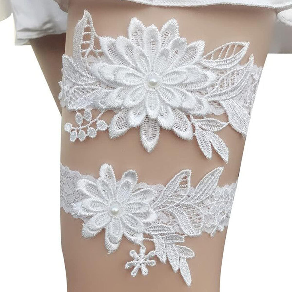 Wedding Garters for Bride Daisy Lace Bridal Garter Hand Sewn Faux Pearls Garter Set 2 Pieces