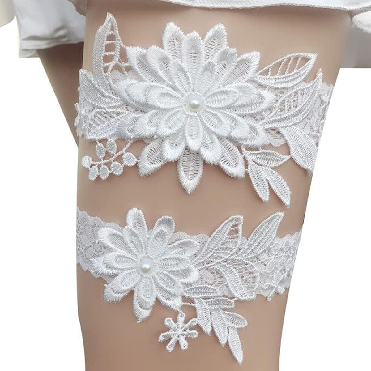 Wedding Garters for Bride Daisy Lace Bridal Garter Hand Sewn Faux Pearls Garter Set 2 Pieces