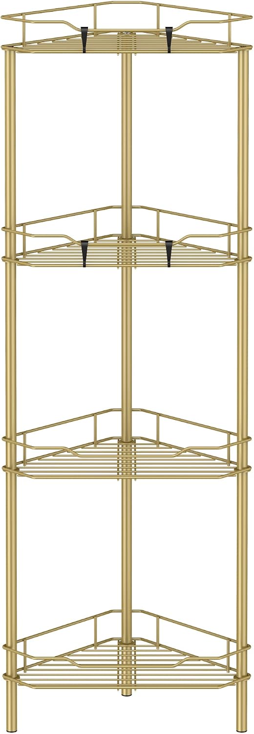 Metal Floor Standing Corner Shower Caddy, Gold, 4 Tier | Adhesive Bathroom Organizer Shelves, Free Standing Shower