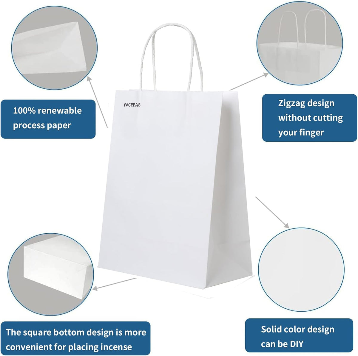 50 PCS White Paper Bags with Handles Bulk, 8x4.25x10.5 Inches,Medium-sized White Gift Bags with Handles for Party