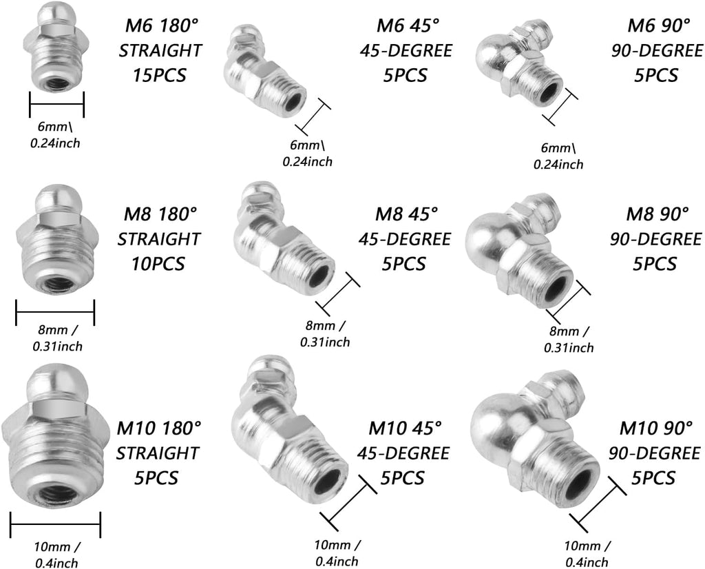 60 Pcs Metric Grease Fittings Kit, Hydraulic Zerk Assortment