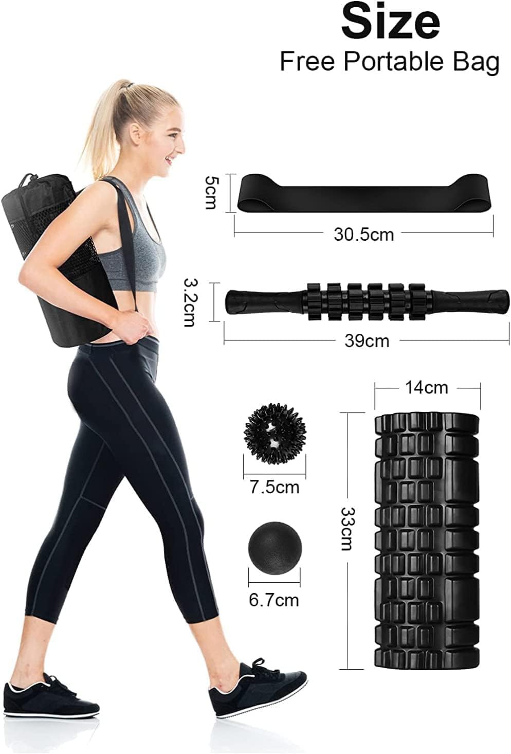 6 in1 Foam Roller Set, Trigger Point Foam Roller, Yoga Stick, Massage Ball, Fixation Ball, Fitness Stretching Strap