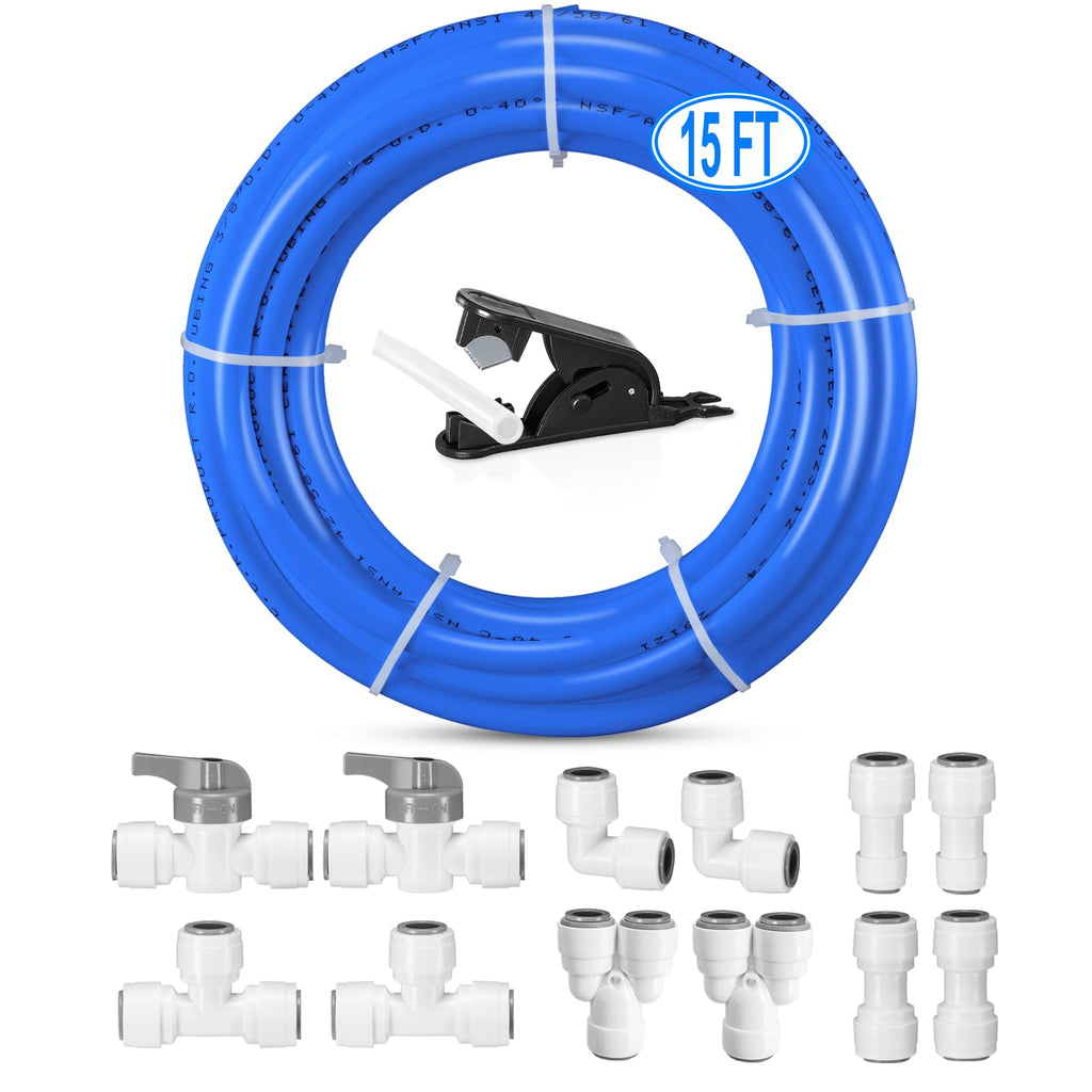 15FT 3/8" O.D.RO Water Tubing & 3/8" Quick Fittings for RO Filter System