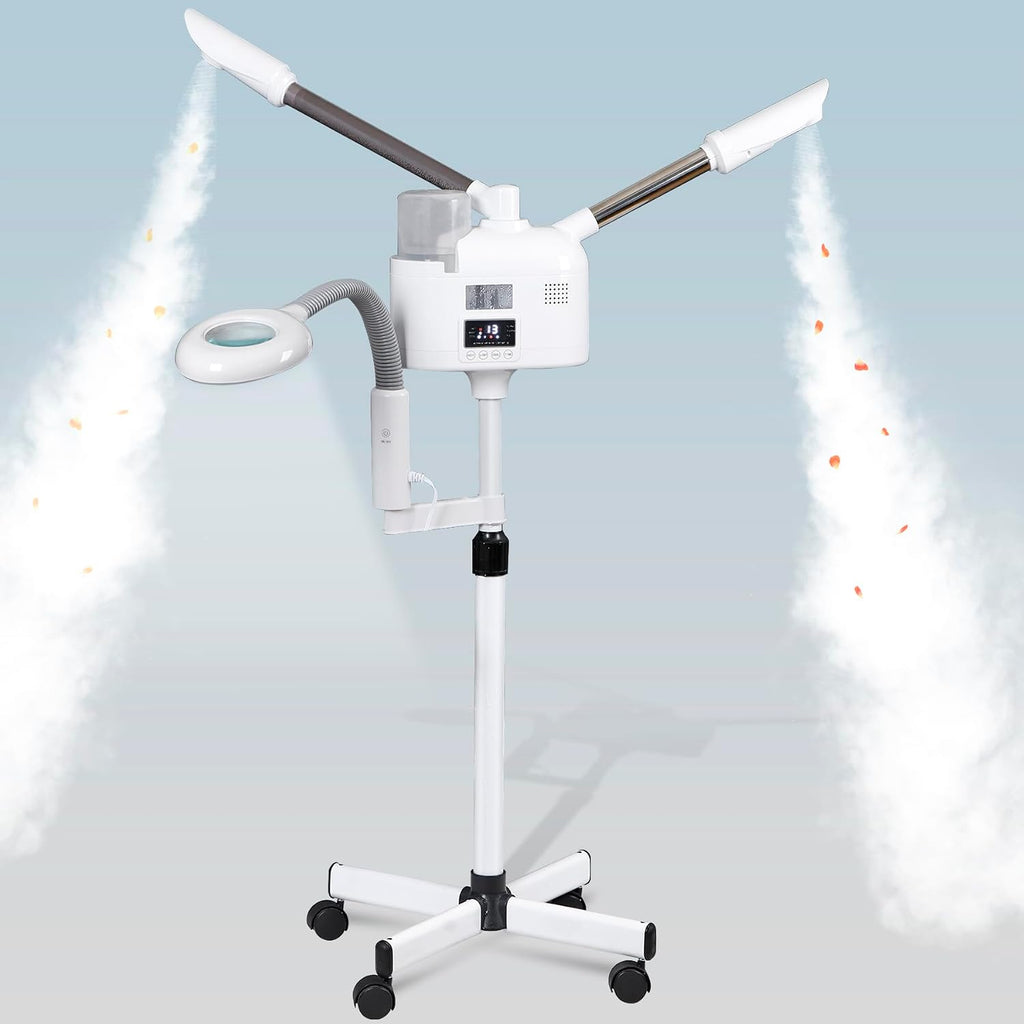 Professional 3 in 1 Facial Steamer, Stand on Wheels with 5X LED Magnifying Lamp, Use at Home or Salon SPA Esthetician