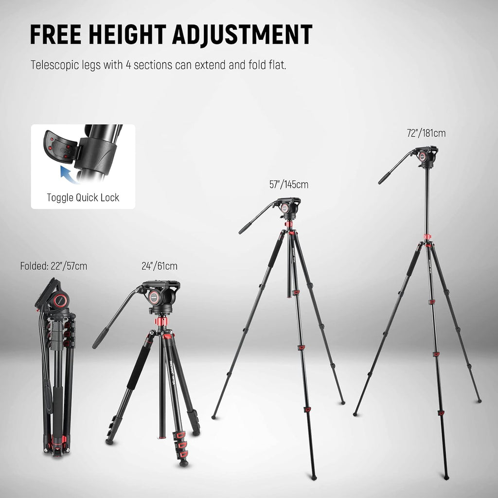 72" Fluid Head Video Tripod Monopod, Aluminum Alloy QR Plate Compatible with DJI RS Gimbal, 360° Pan & +90°/-70° Tilt