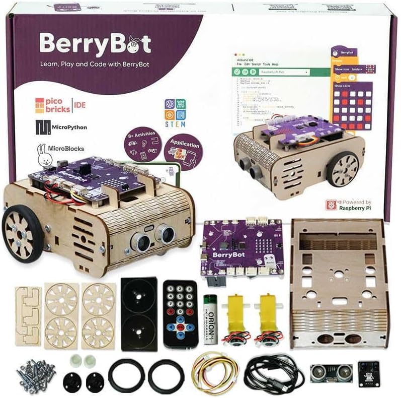 BerryBot – Programmable Robot Kit with Raspberry Pi RP2040 | STEM Learning, Graphical Coding, Easy Assembly, Obstacle