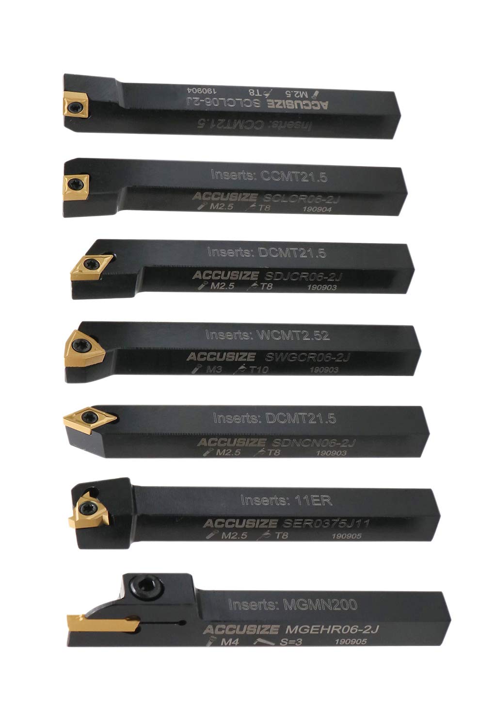 Accusize Industrial Tools 3/8'' Shank 7pc Indexable Carbide Turning Tool Set with TiN‑Coated Inserts, for Cutting Steel, 2387‑2003