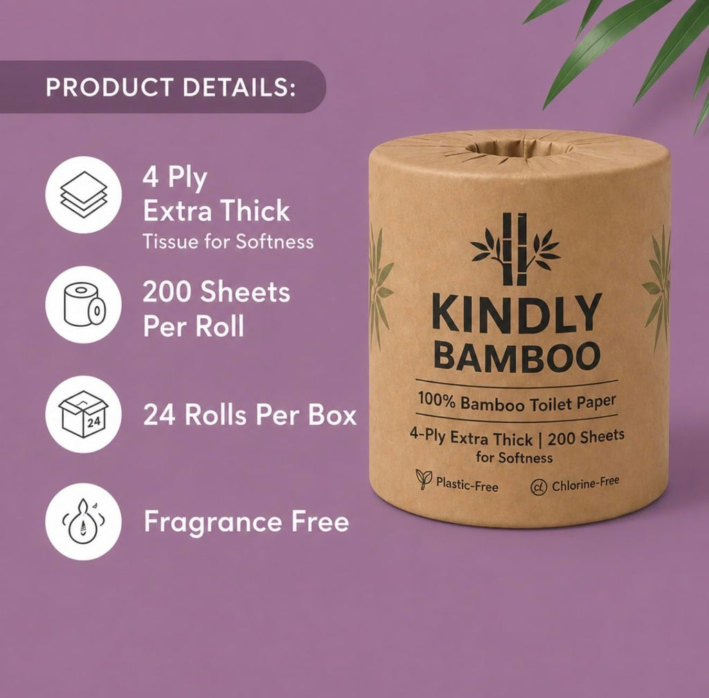 PREMIUM 4-PLY 100% White Bamboo Toilet Paper - 24 Rolls, Large 200 Sheets Per Roll, Eco-friendly, biodegradable