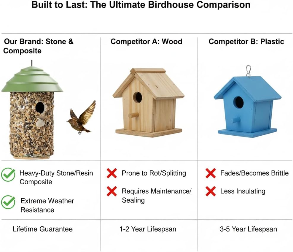 River Pebble Bird House for Outside - Composite Roof – Decorative Nesting Box for Bluebirds,Wrens, Finches, Chickee –