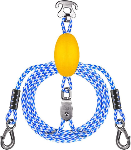 Boat Tow Harness for Tubing, Self Centering Design | Heavy Duty Floating Rope, Stainless Steel Hooks and Pulley