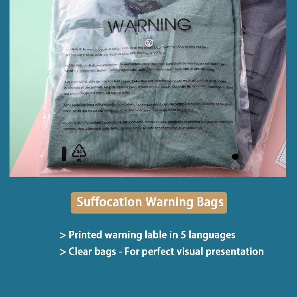 Clear Poly Bags with Suffocation Warning for Packaging, T Shirts & Mailing - Permanent Adhesive (100 Count 9''x12'')