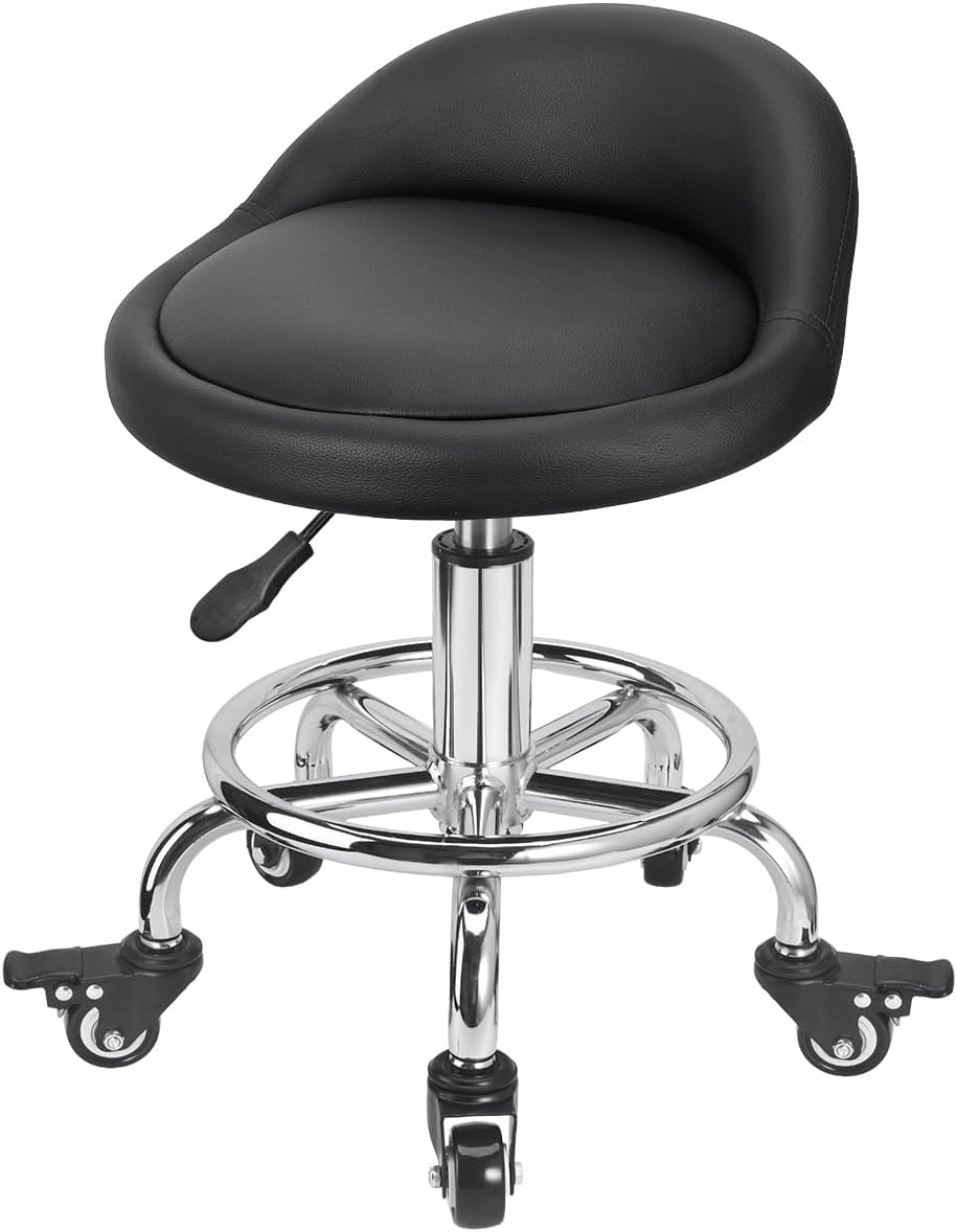 Rolling Stool Low Roller Seat PU Leather, Rolling Chair Height Adjustable, Garage Stool with Wheels for Manicure
