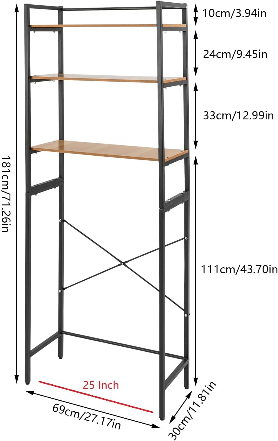 3 Tiers Over The Washer and Dryer Storage Shelf, Freestanding Bathroom Shelf Storage Rack with Adjustable Feet Wood
