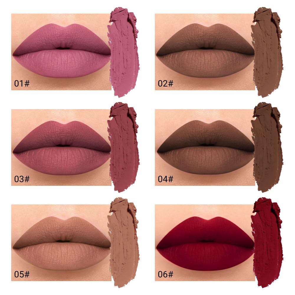 6Pcs Dark Light Nude Brown Matte Matt Liquid Lipstick Lip Gloss Glossy Set for Black Women, 24 Hour Brown Mauve Red