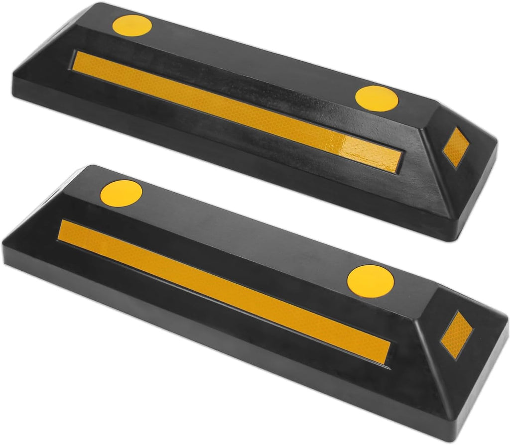 50135 2-Pack Commercial Grade Rubber Curb Parking Blocks with Yellow Reflective Strips Wheel Stops for Cars, Vans