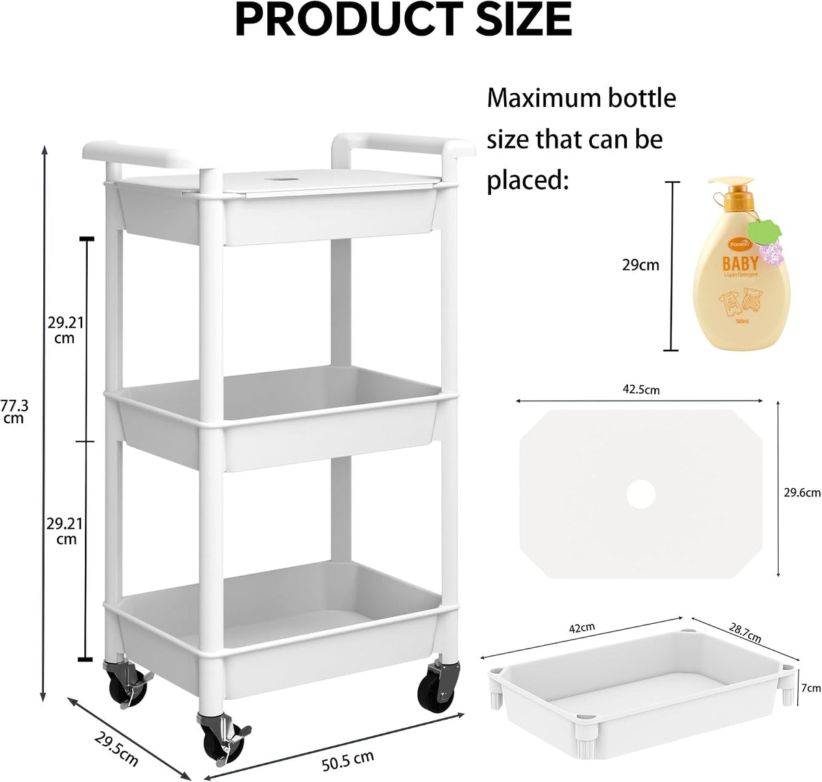 3-Tier Utility Rolling Cart with Cover Top Board, Mobile Utility Cart with Lockable Casters Multi-Functional Storage