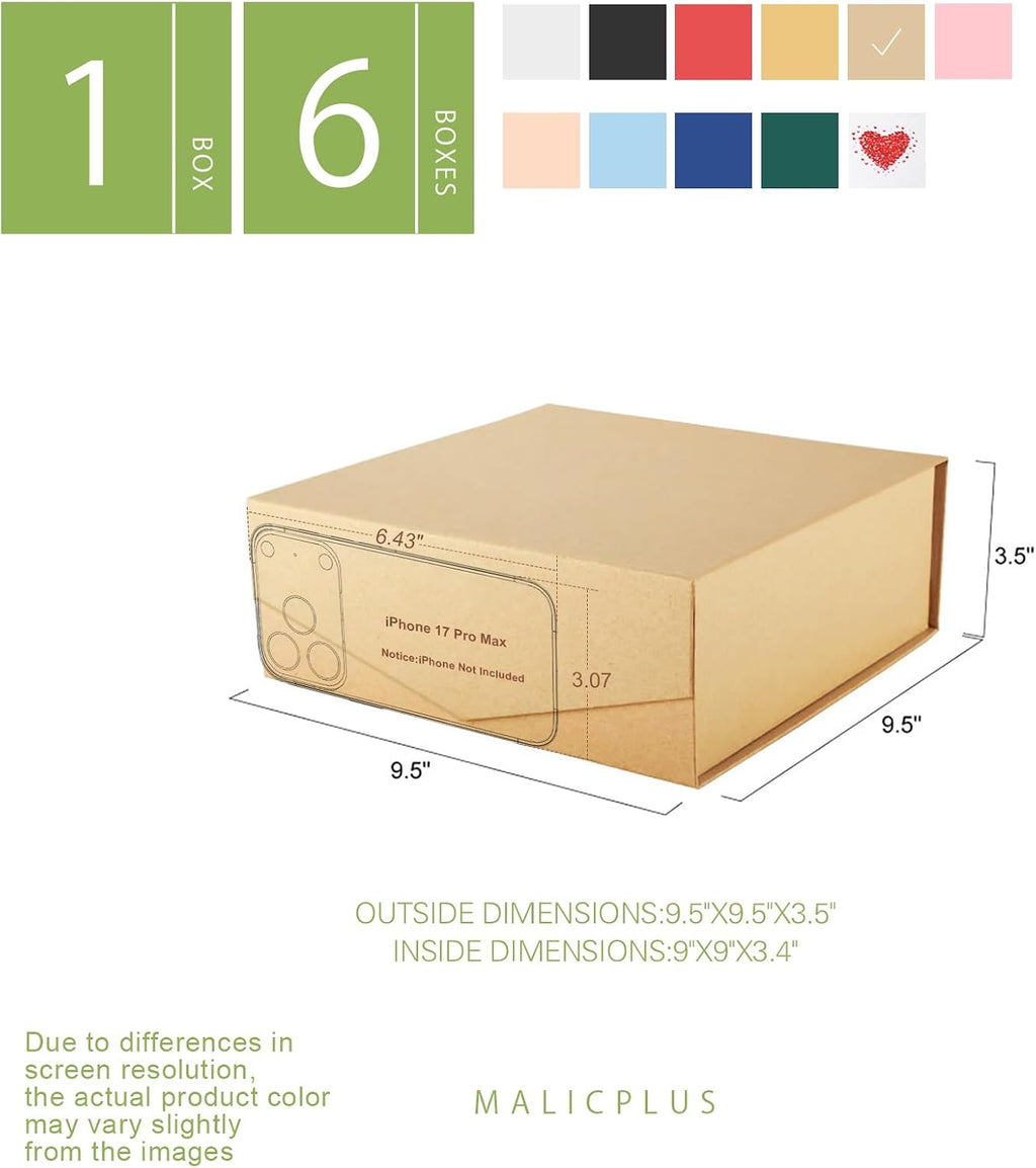 6 Kraft Gift Boxes with Magnetic Lids for Present,9x9x3.4 Inch