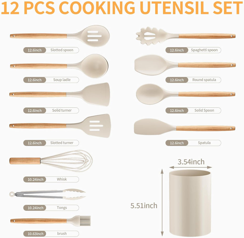 Silicone Cooking Utensil Set,12 PCS Cooking Cookware Kitchen Utensils Set for Cooking, Nonstick 446°F Heat-Resistant