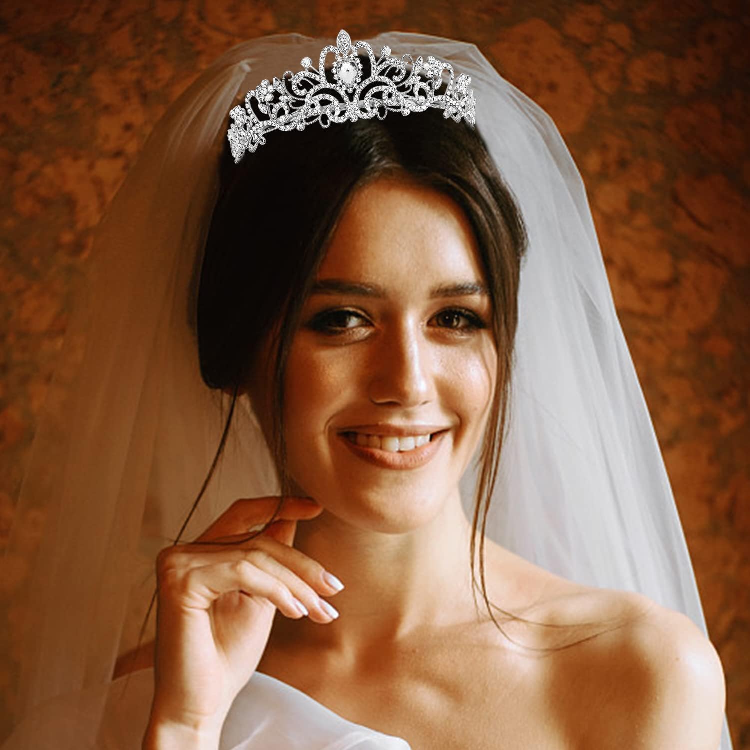 Tiara and Lace Bridal Veil, Crown Wedding Veils and Headpieces for Women, White Veils for Brides Tiaras for Women