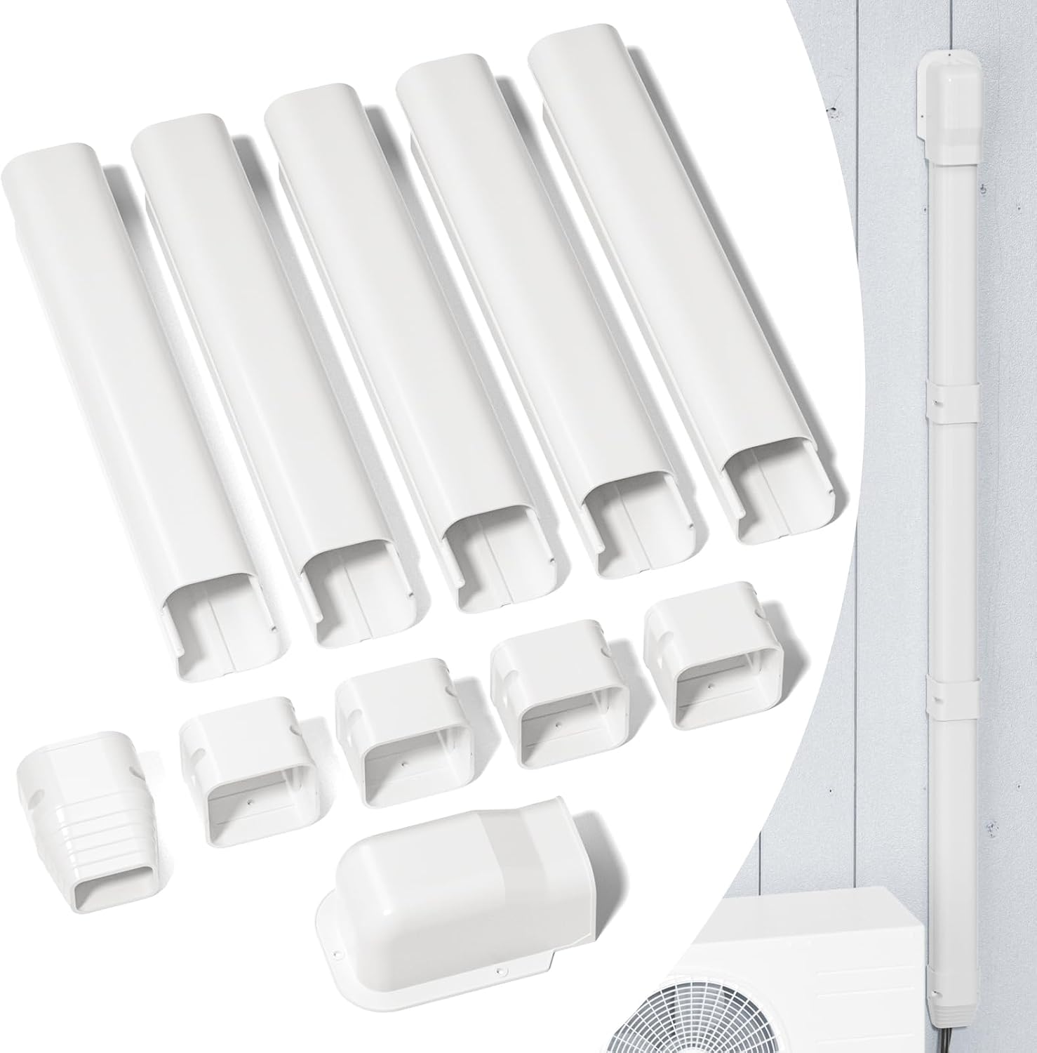 3" 7.5 ft Mini Split Line Set Cover, AC Lineset Cover Kit for Outside Unit | Decorative PVC Paintable Line Cover Kit