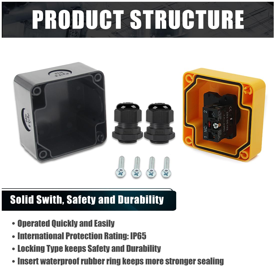 Emergency Stop Push Button Switch,1NC 10A 660V with Waterproof Box IP65, 2pcs PG13.5 Black Connectors (1)