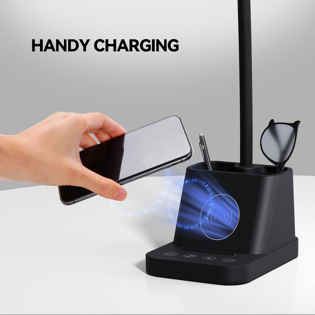 LED Desk Lamp for College Dorm Room with Wireless Charger, Reading Light for Home Office Bedroom, Small, Bright