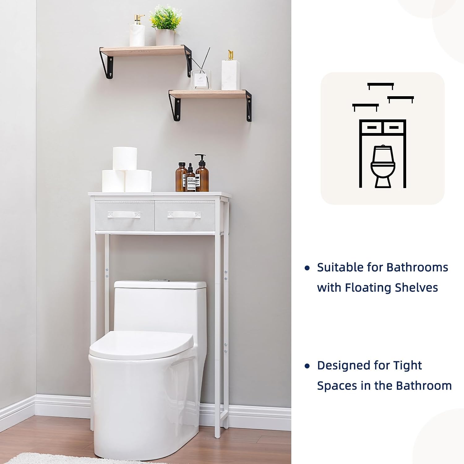 2-Tier Over The Toilet Storage with 2 Fabric Drawers, Freestanding Above The Toilet Storage Cabinet, Space Saver