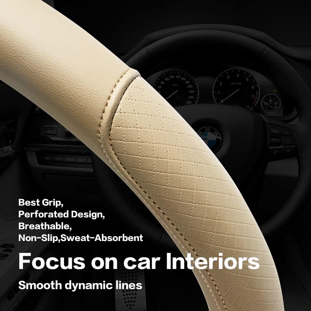 Microfiber Leather Steering Wheel Cover with Classic Embossing, Anti-Slip Breathable Auto Car Wheel Protector, Fit 15