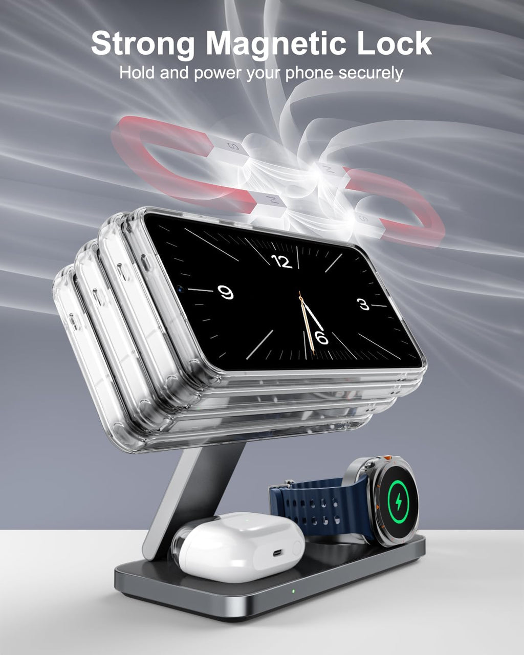 3-in-1 Charging Station for Samsung, Magnetic Fast Wireless Charger Stand Compatible with MagSafe for Galaxy