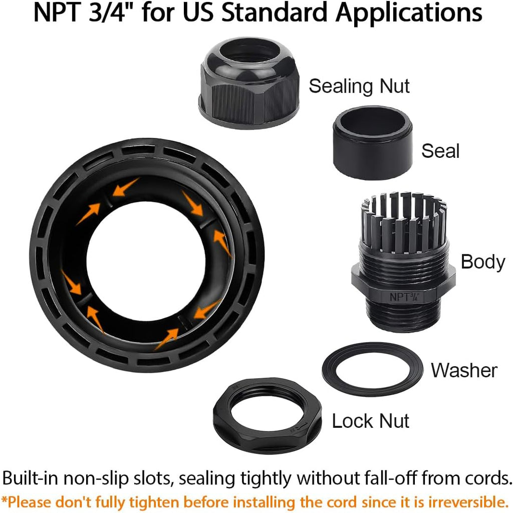 LeMotech 5 Pack NPT 3/4" Cable Glands Waterproof Adjustable 12.5-18mm Cable Connectors Black Nylon Joints with Gaskets